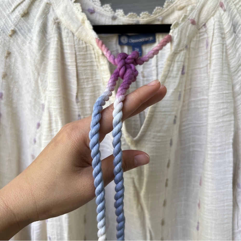Democracy Crochet Detail Blouse Plus Size 2X Split V-Neck Braided Tie Front Boho - Picture 4 of 16